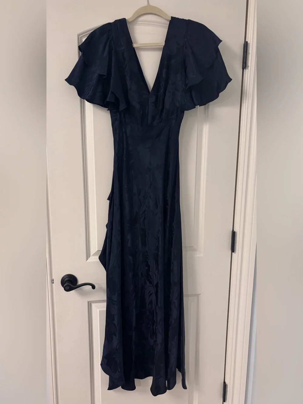Tanya Taylor Navy Floral Jacquard High-Low Wrap Dress